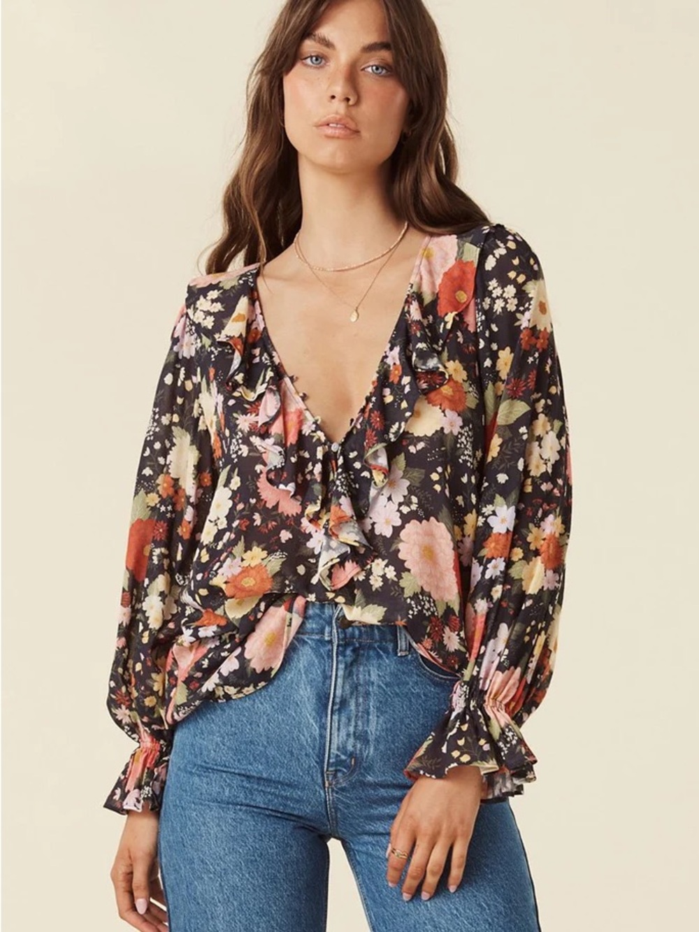 Spell Sangria Blouse Floral V-Neck Ruffle Blouse - Multi - M